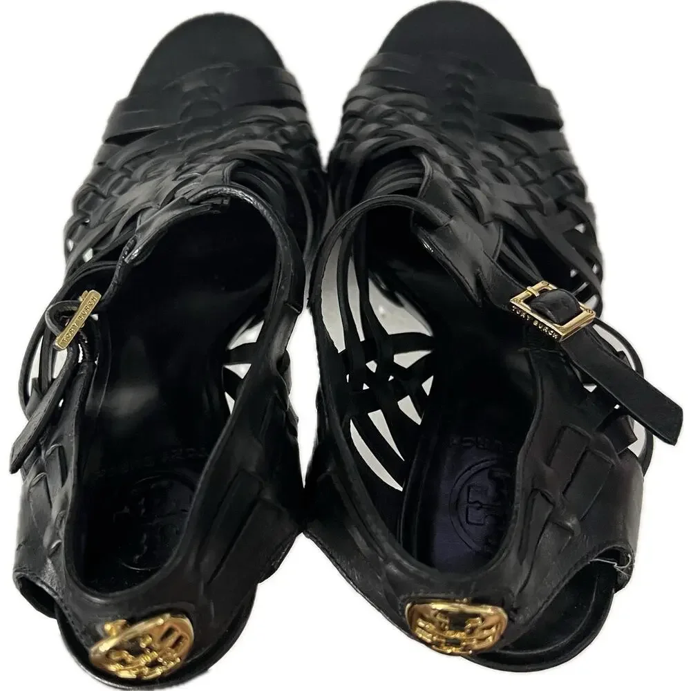 Tory Burch Nadia Black Strappy Woven Leather Heels Size 8.5 M